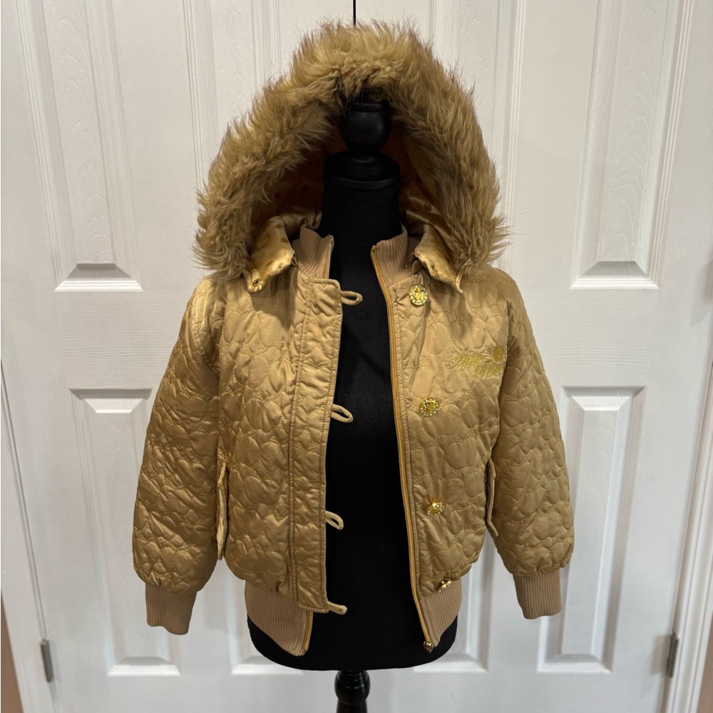 Apple Bottoms Vintage Gold Puffer Jacket with Faux Fur Removable Hood size L